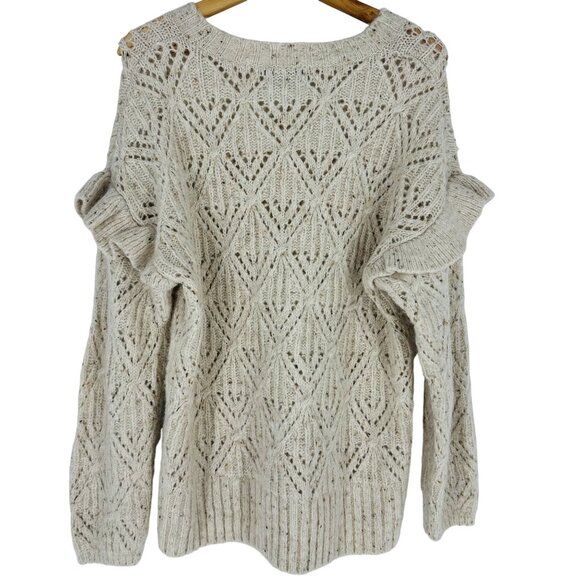 Old Navy Beige Ruffle Trim Pointelle Crew Neck Long Sleeve Cozy Knit Sweater L - Picture 5 of 10